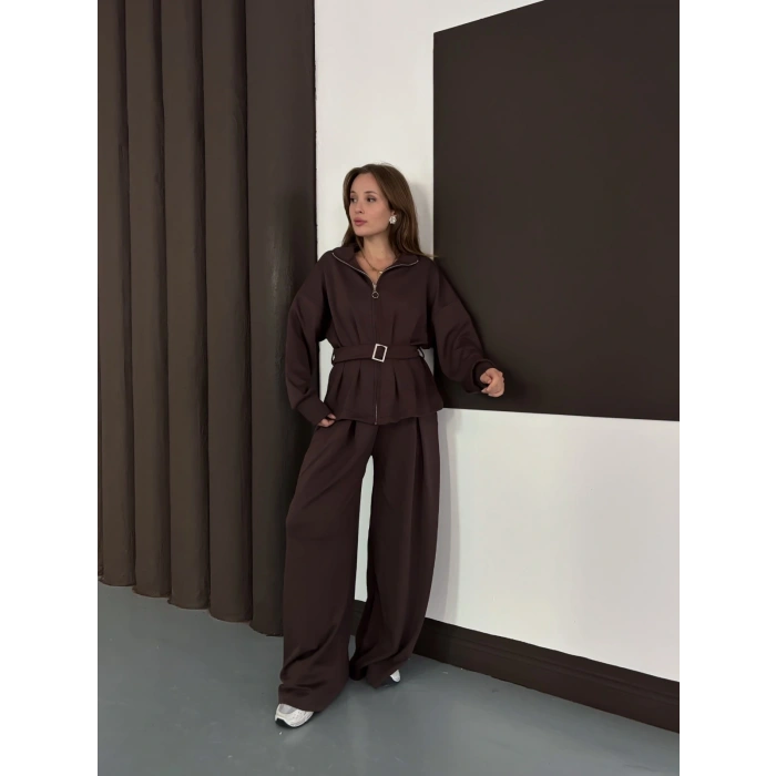 Kemer Detaylı Pantolonlu İkili Takım Acı Kahve