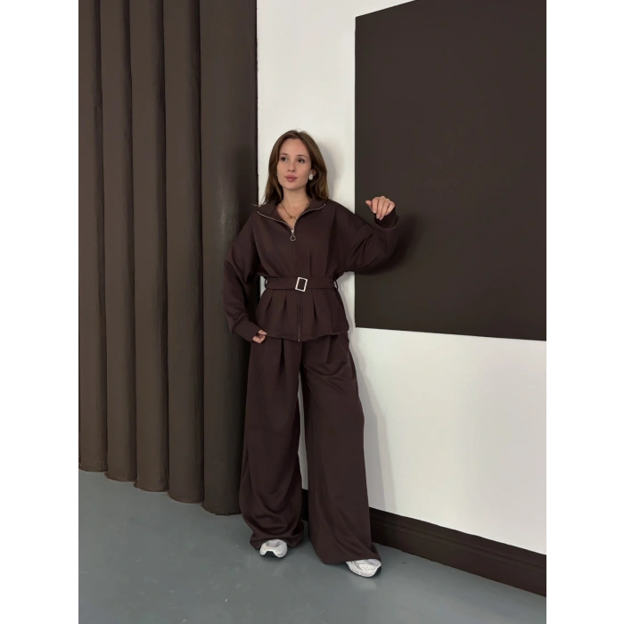 Kemer Detaylı Pantolonlu İkili Takım Acı Kahve