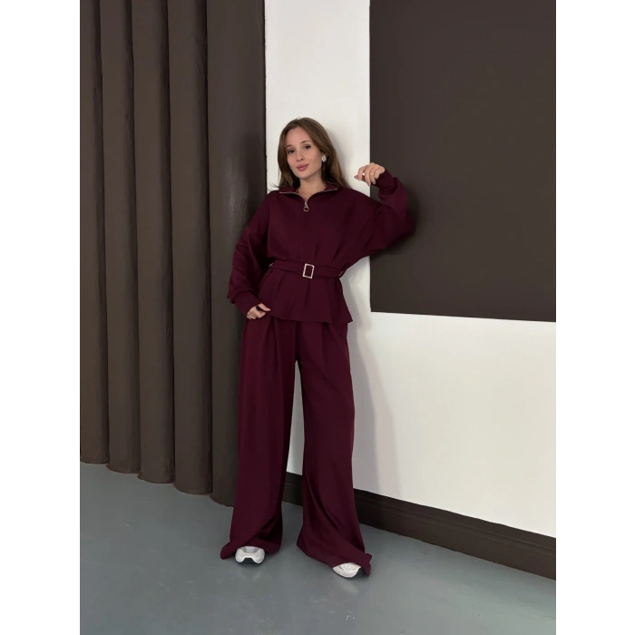 Kemer Detaylı Pantolonlu İkili Takım Bordo