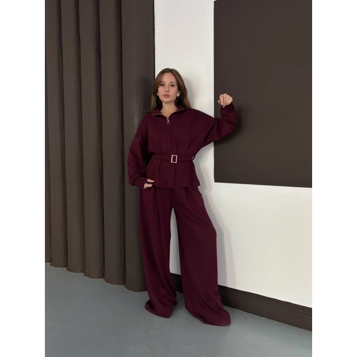 Kemer Detaylı Pantolonlu İkili Takım Bordo