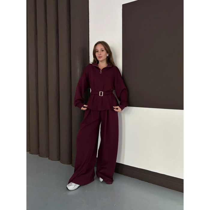 Kemer Detaylı Pantolonlu İkili Takım Bordo