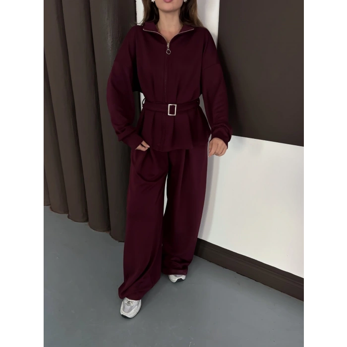 Kemer Detaylı Pantolonlu İkili Takım Bordo
