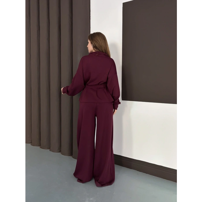 Kemer Detaylı Pantolonlu İkili Takım Bordo
