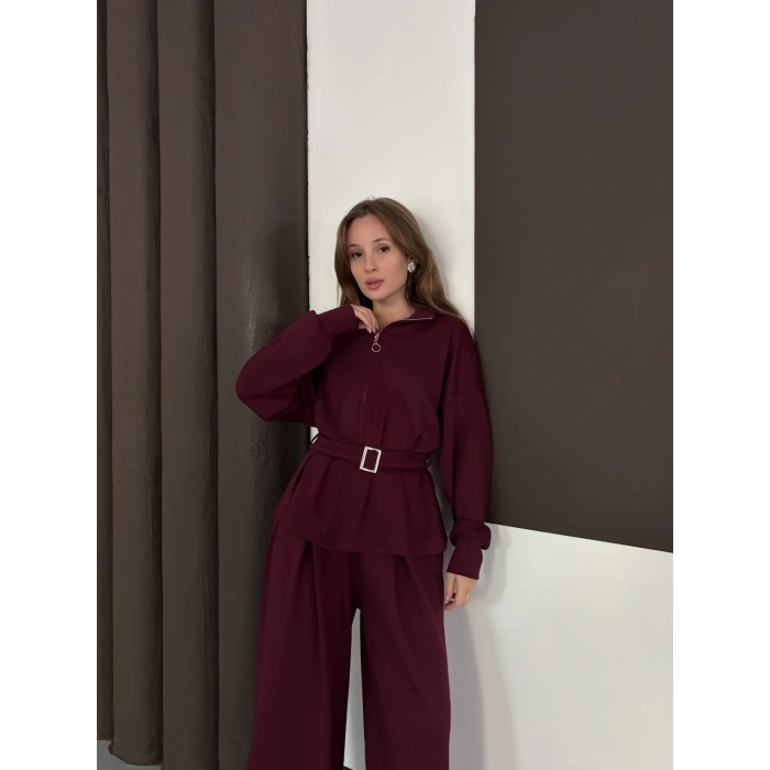 Kemer Detaylı Pantolonlu İkili Takım Bordo