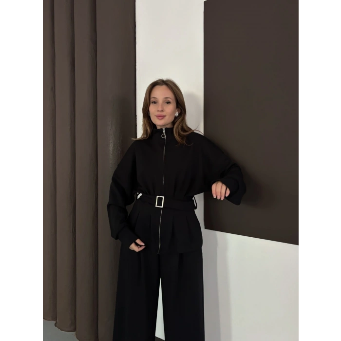 Kemer Detaylı Pantolonlu İkili Takım Siyah