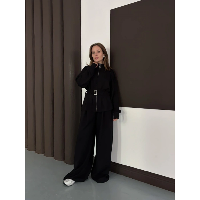 Kemer Detaylı Pantolonlu İkili Takım Siyah