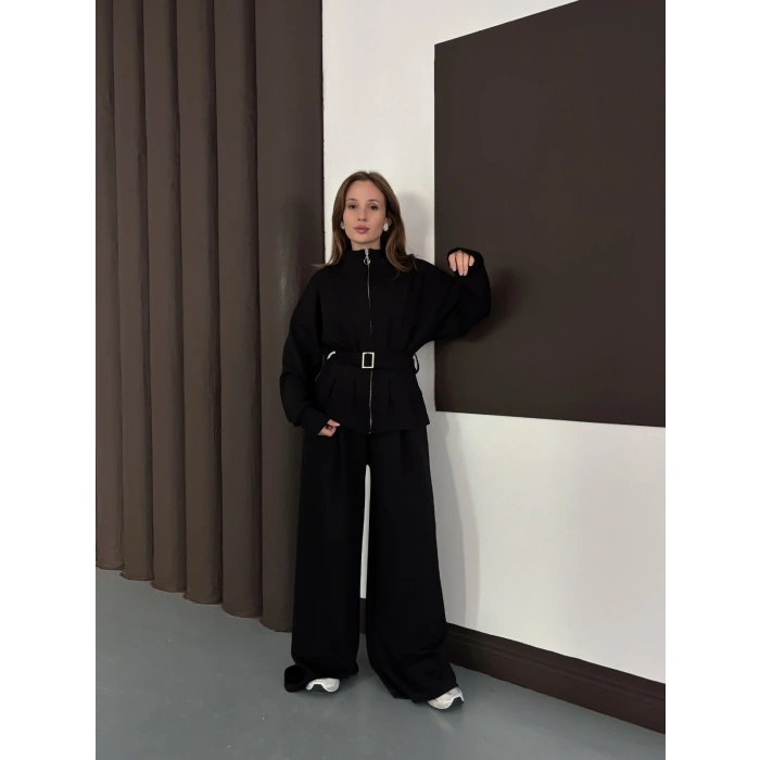 Kemer Detaylı Pantolonlu İkili Takım Siyah
