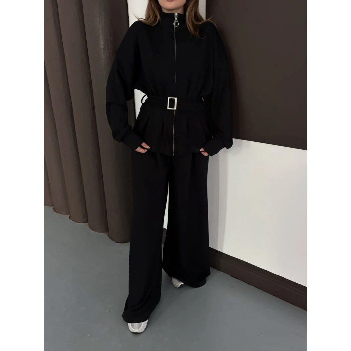 Kemer Detaylı Pantolonlu İkili Takım Siyah