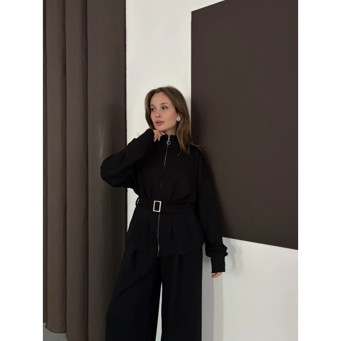 Kemer Detaylı Pantolonlu İkili Takım Siyah