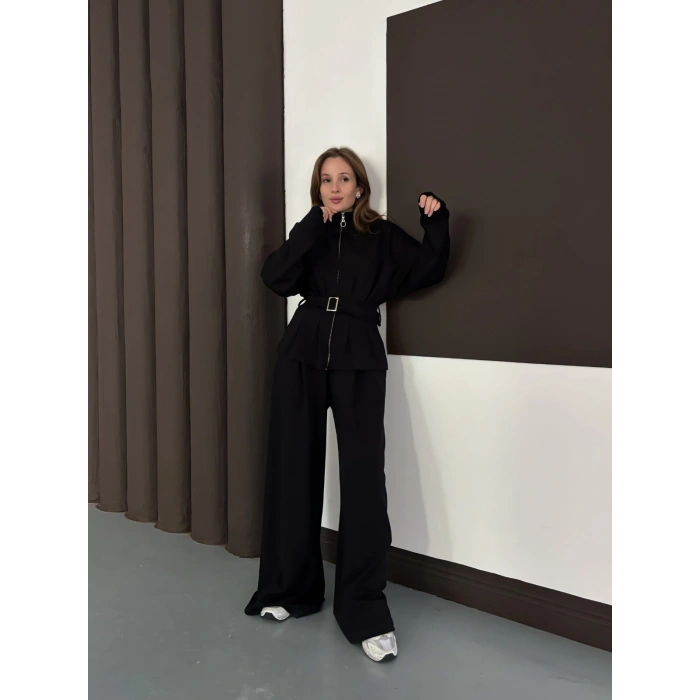 Kemer Detaylı Pantolonlu İkili Takım Siyah
