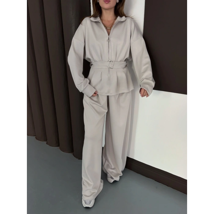 Kemer Detaylı Pantolonlu İkili Takım Taş