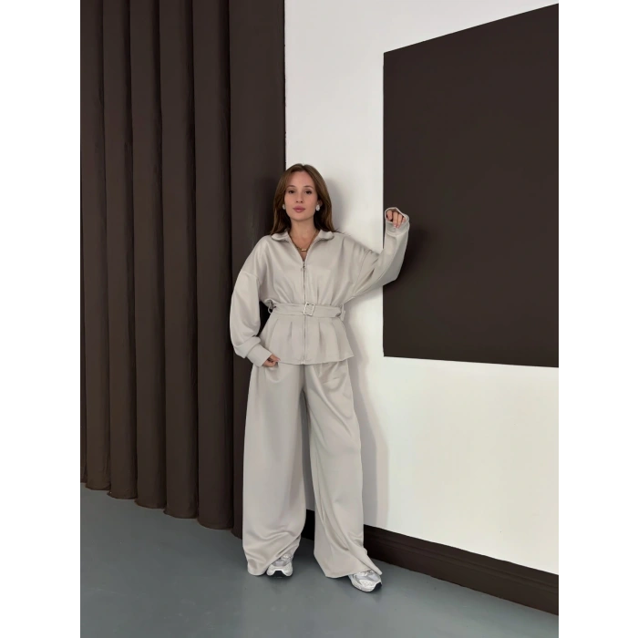 Kemer Detaylı Pantolonlu İkili Takım Taş