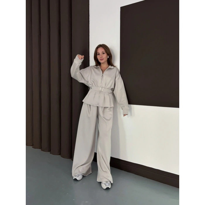 Kemer Detaylı Pantolonlu İkili Takım Taş