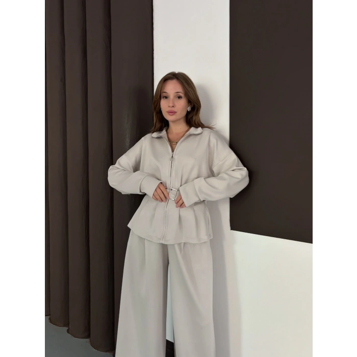 Kemer Detaylı Pantolonlu İkili Takım Taş