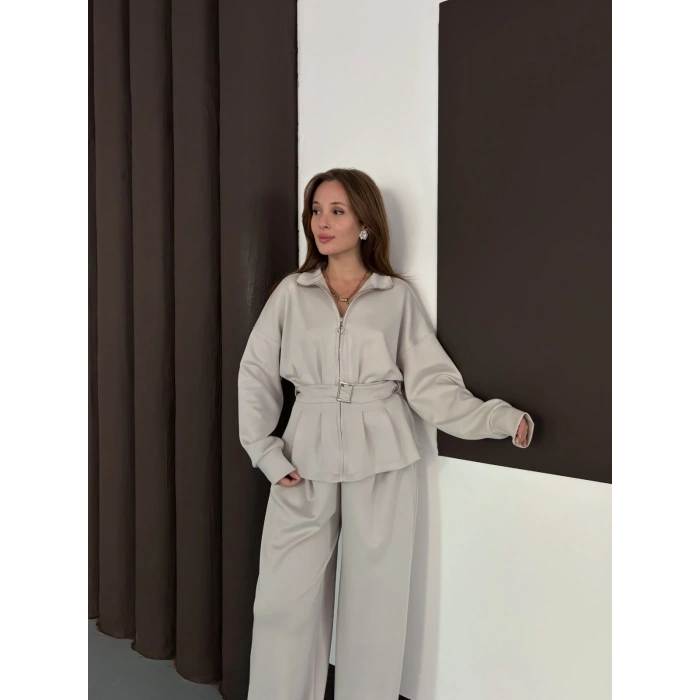 Kemer Detaylı Pantolonlu İkili Takım Taş