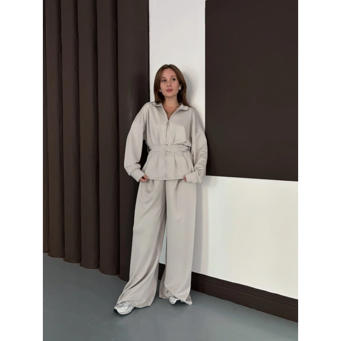 Kemer Detaylı Pantolonlu İkili Takım Taş