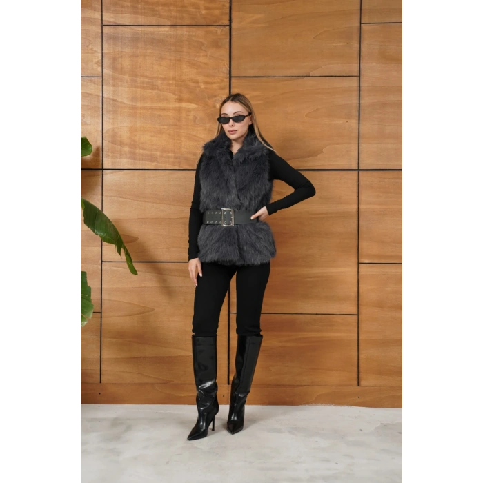 Kemer Detaylı Peluş Yelek Antrasit