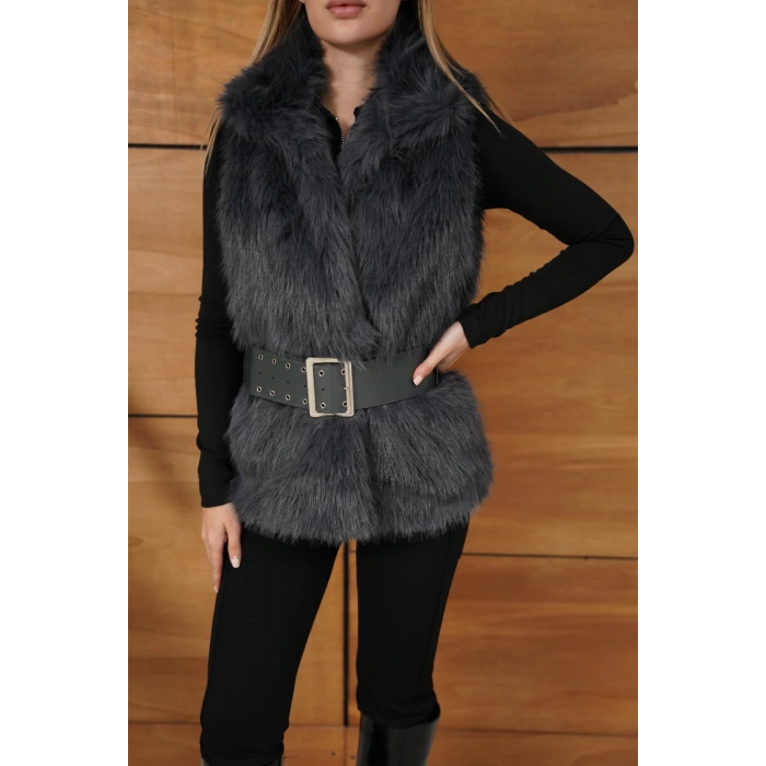 Kemer Detaylı Peluş Yelek Antrasit