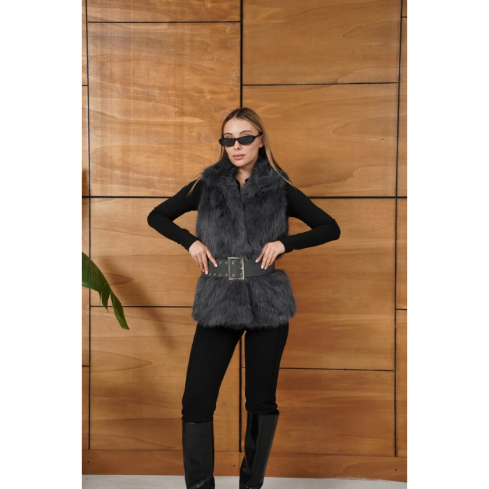 Kemer Detaylı Peluş Yelek Antrasit