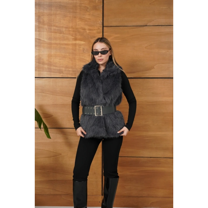 Kemer Detaylı Peluş Yelek Antrasit