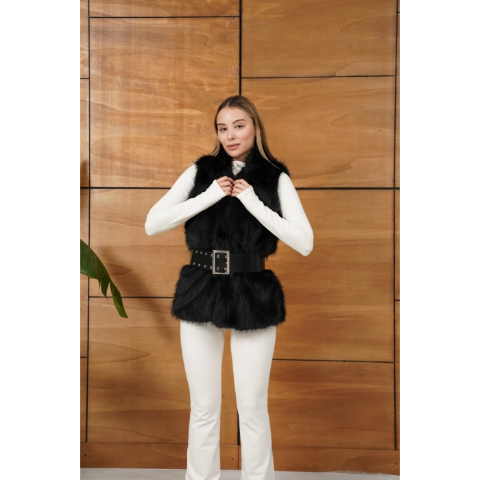 Kemer Detaylı Peluş Yelek Siyah