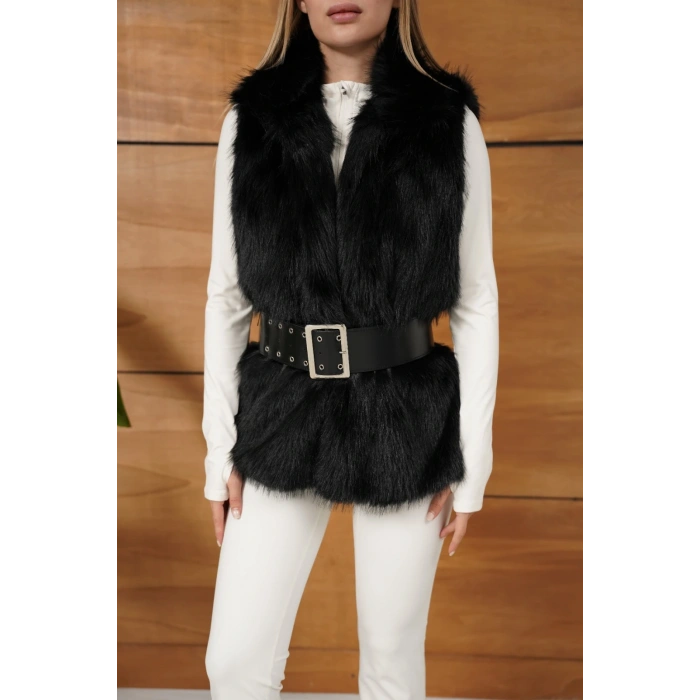 Kemer Detaylı Peluş Yelek Siyah