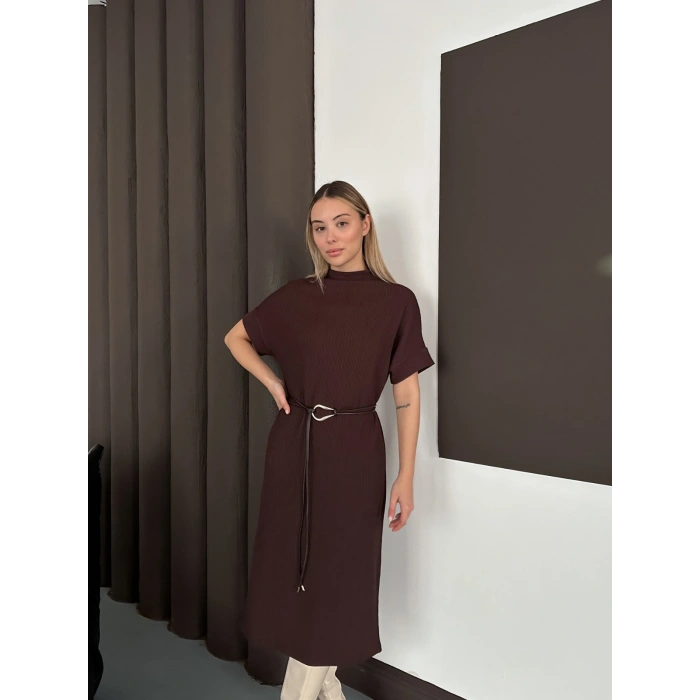 Kemer Detaylı Selanik Kumaş Uzun Elbise Acı Kahve