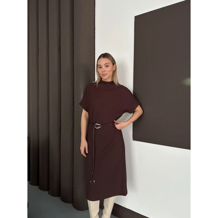Kemer Detaylı Selanik Kumaş Uzun Elbise Acı Kahve
