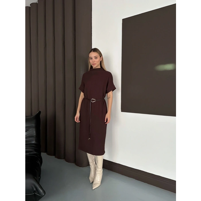 Kemer Detaylı Selanik Kumaş Uzun Elbise Acı Kahve