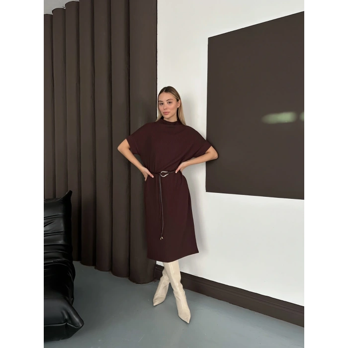 Kemer Detaylı Selanik Kumaş Uzun Elbise Acı Kahve