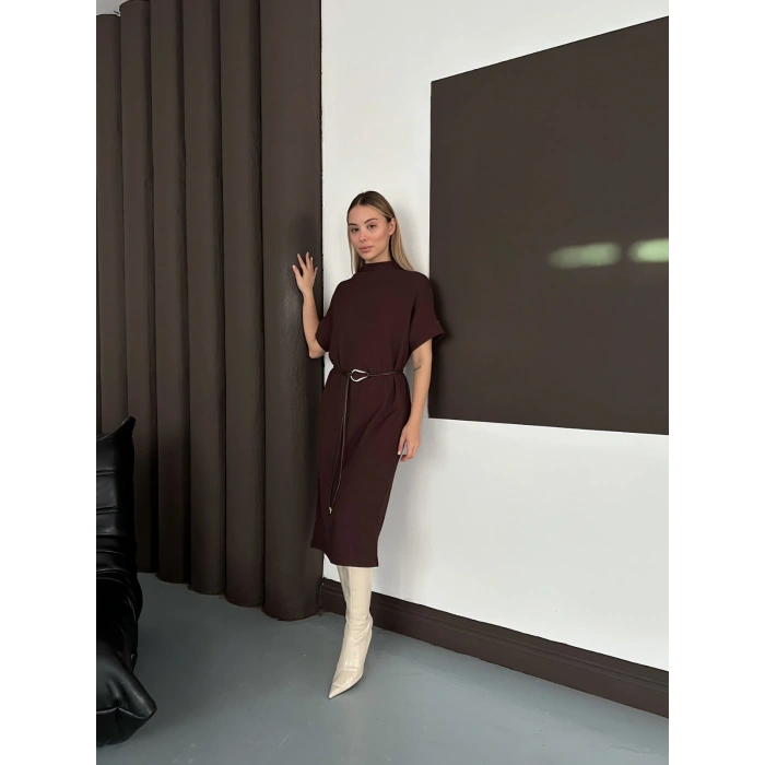 Kemer Detaylı Selanik Kumaş Uzun Elbise Acı Kahve