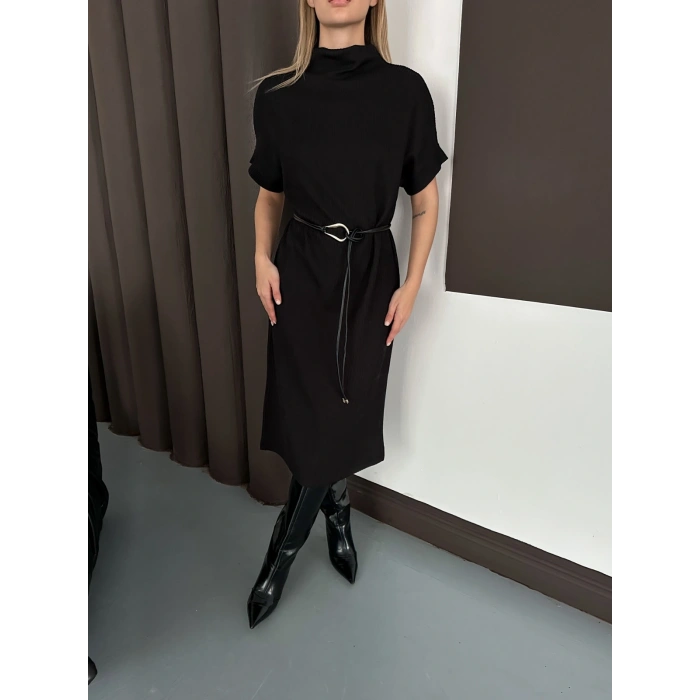 Kemer Detaylı Selanik Kumaş Uzun Elbise Siyah