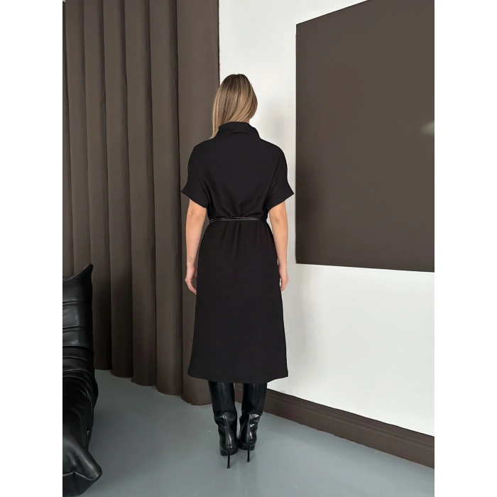 Kemer Detaylı Selanik Kumaş Uzun Elbise Siyah