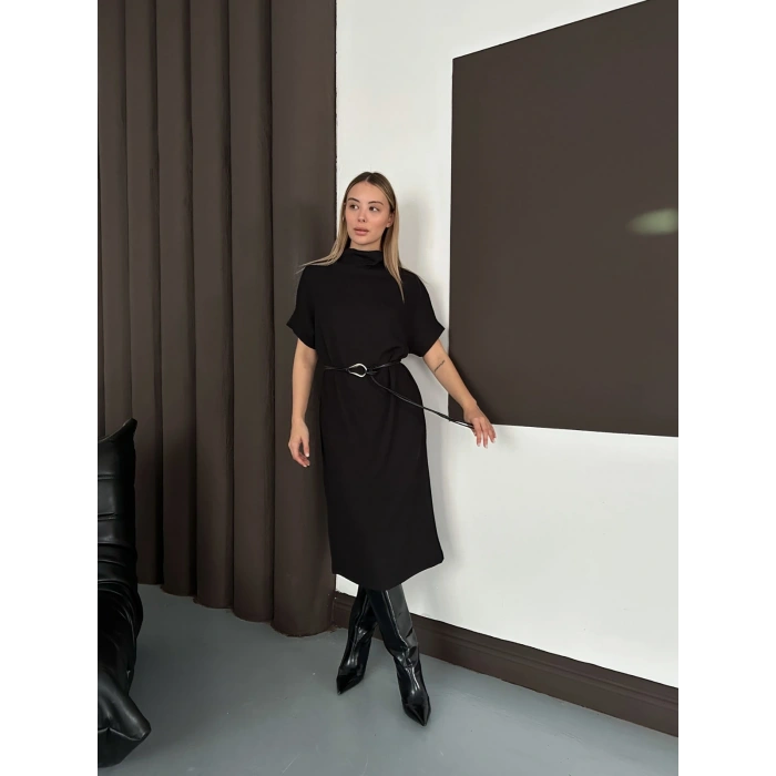 Kemer Detaylı Selanik Kumaş Uzun Elbise Siyah