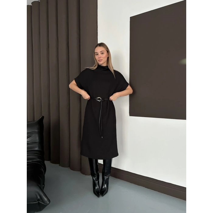 Kemer Detaylı Selanik Kumaş Uzun Elbise Siyah