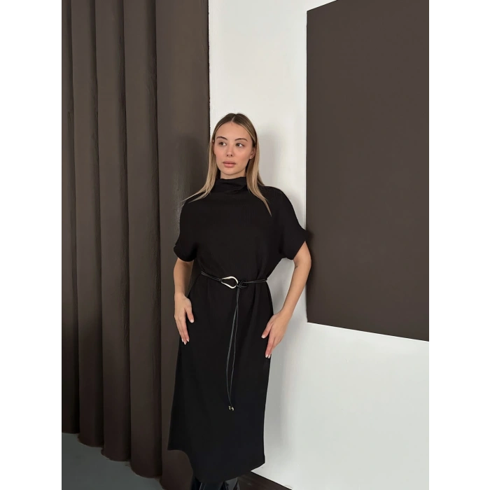 Kemer Detaylı Selanik Kumaş Uzun Elbise Siyah