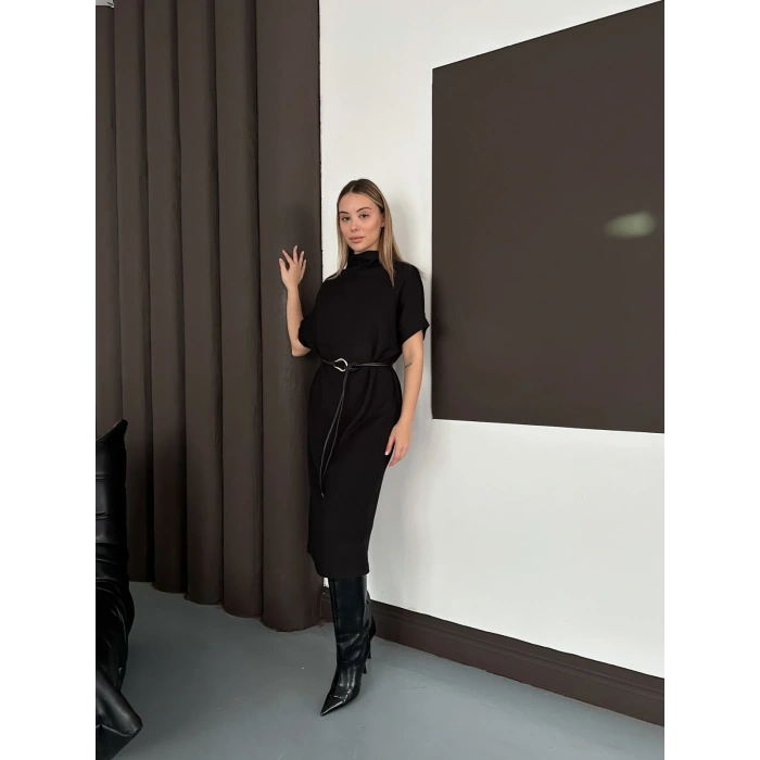 Kemer Detaylı Selanik Kumaş Uzun Elbise Siyah