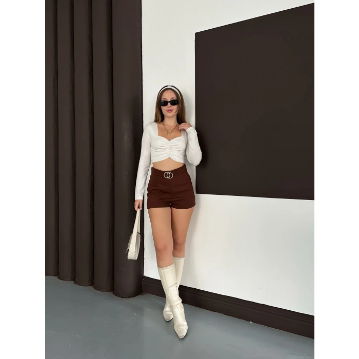 Kemer Detaylı Şort Kahve