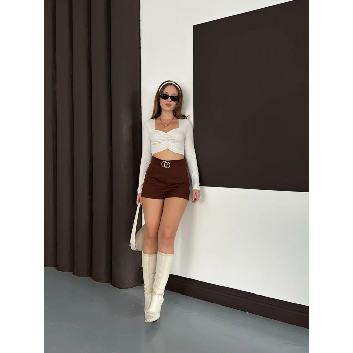 Kemer Detaylı Şort Kahve