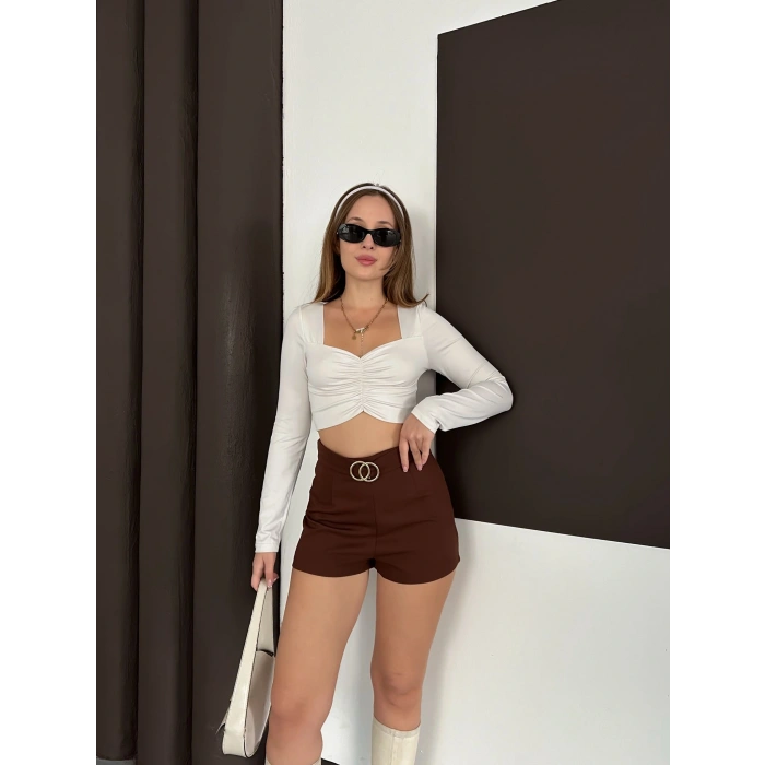 Kemer Detaylı Şort Kahve