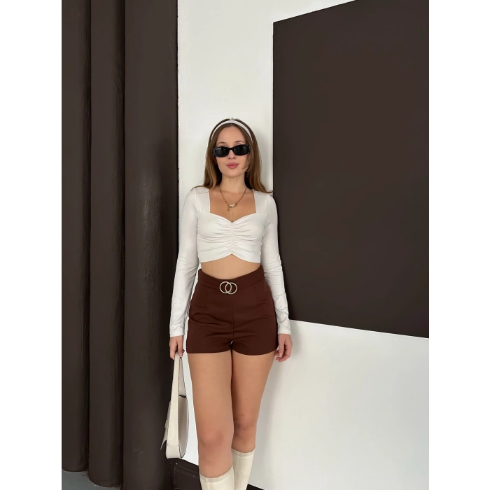 Kemer Detaylı Şort Kahve