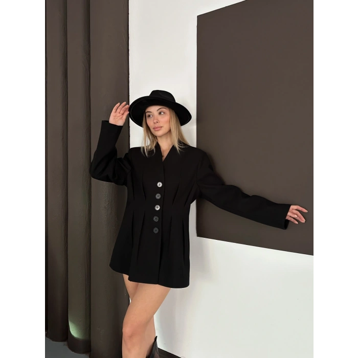 Düğme Detaylı Ceket Elbise Siyah