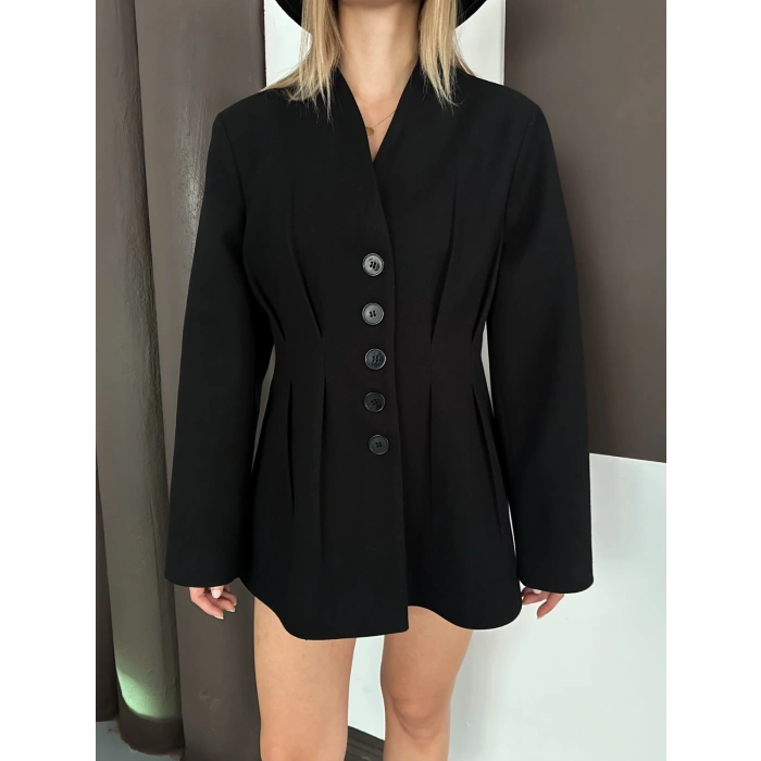 Düğme Detaylı Ceket Elbise Siyah