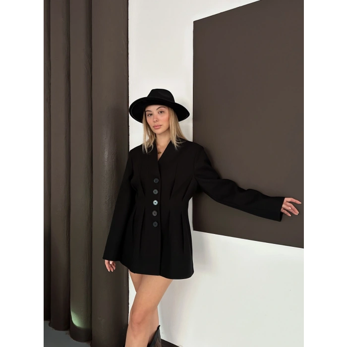 Düğme Detaylı Ceket Elbise Siyah