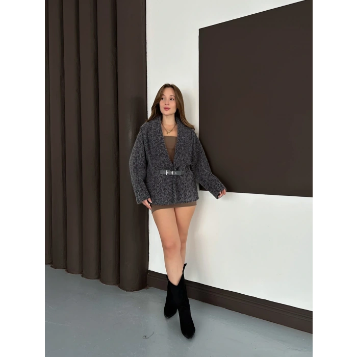 Kemer Detaylı Tüylü Ceket Antrasit