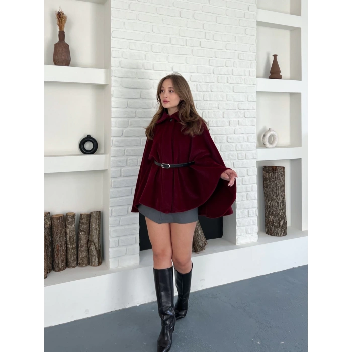 Kemer Detaylı Yarasa Kol Panço Bordo