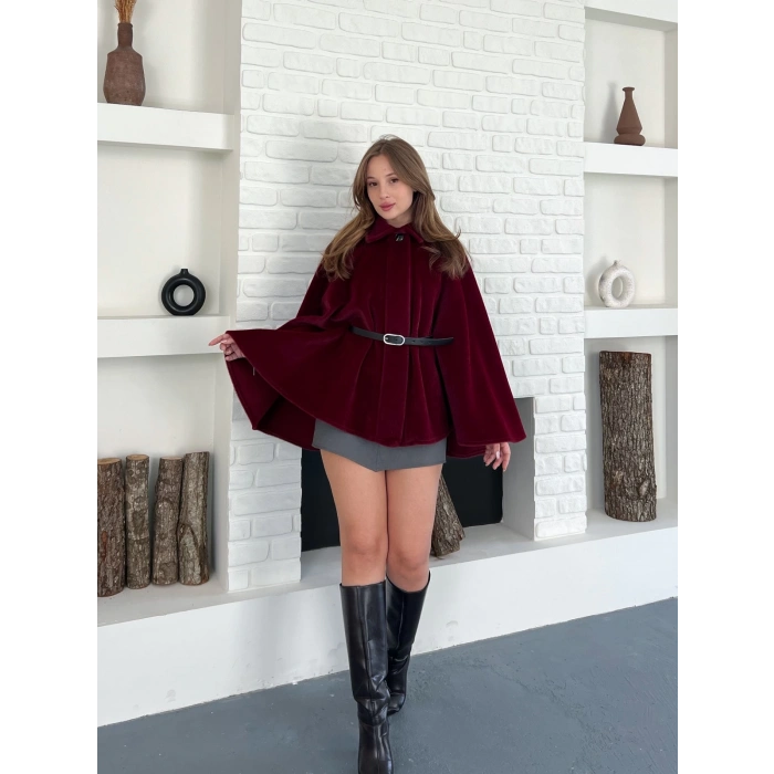 Kemer Detaylı Yarasa Kol Panço Bordo