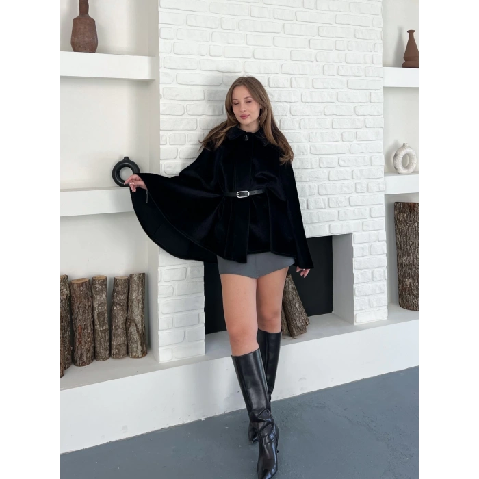 Kemer Detaylı Yarasa Kol Panço Siyah