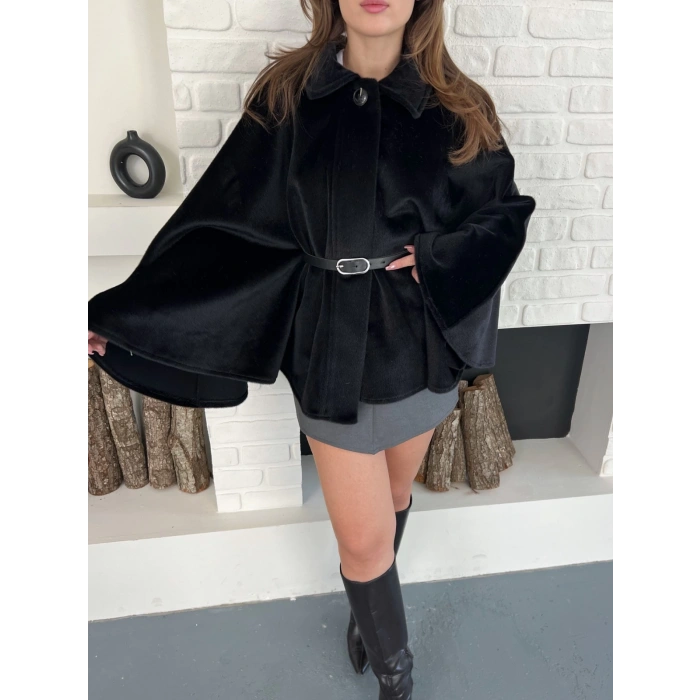 Kemer Detaylı Yarasa Kol Panço Siyah