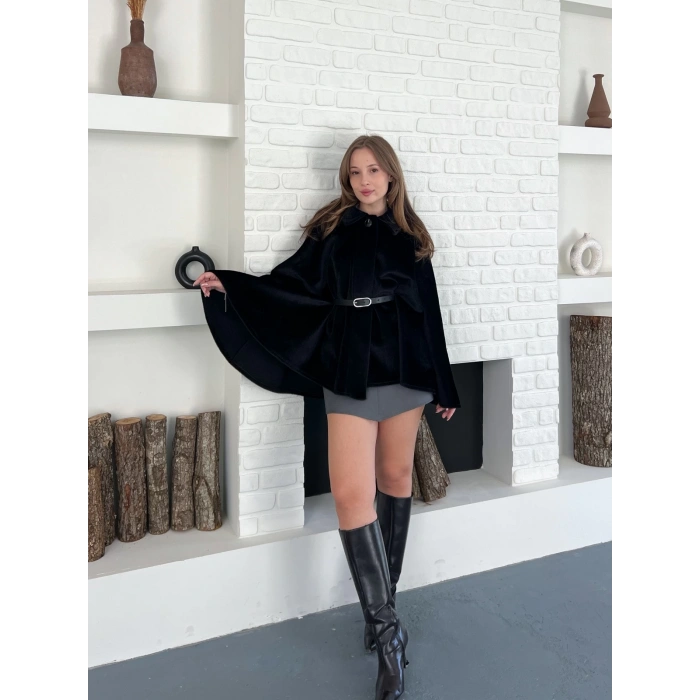 Kemer Detaylı Yarasa Kol Panço Siyah